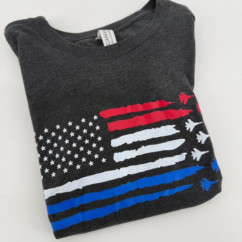 Bella Canvas Mens Small Charcoal Gray American Flag Fighter Jet Graphic T-Shirt
